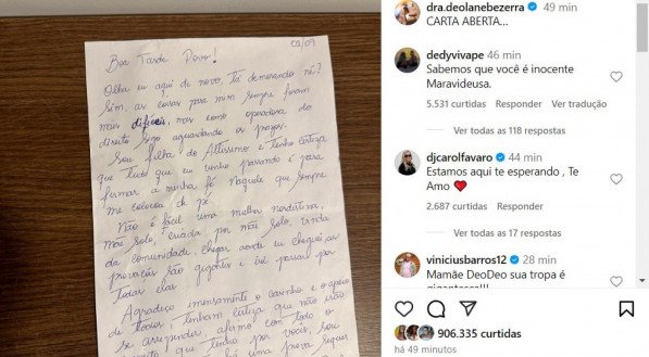 Carta publicada por Deolane Bezerra na noite deste domingo, nas suas redes sociais