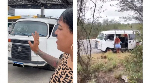 Imagem mostra Kombi branca (à esq.) utilizada pelos fãs da advogada, com destino ao presídio de Buíque