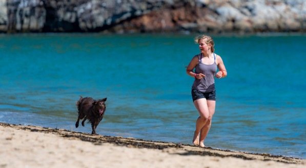 Imagem ilustrativa de uma mulher correndo na praia com seu cachorro