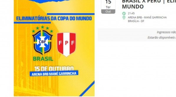 Site para comprar de ingressos do jogo entre Brasil e Peru