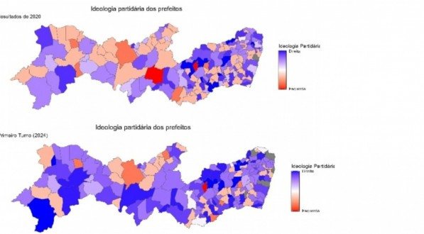 Distribuição ideológica de prefeitos sobre o mapa geográfico de Pernambuco, comparando os resultados de 2020 aos do primeiro turno de 2024