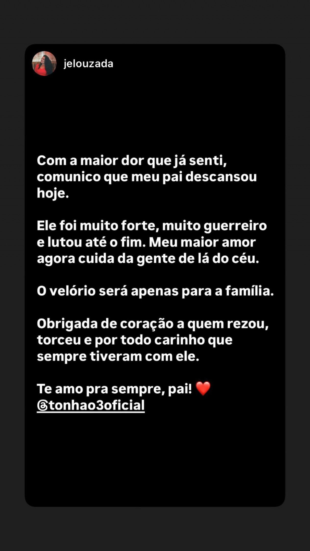 Imagem do anúncio da morte do ex-jogador Tonhão Reprodução / Instagram