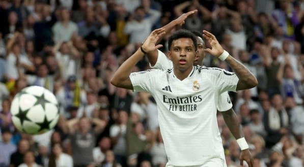 Rodrygo durante partida entre Real Madrid e Borussia Dortmund