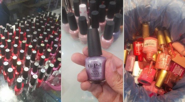 Imagem dos esmaltes apreendidos pelo Procon-PE na Blitz da Beleza, operação que apreendeu nessa semana mais de 120 esmaltes vencidos em lojas e estabelecimentos que oferecem cuidados de Beleza