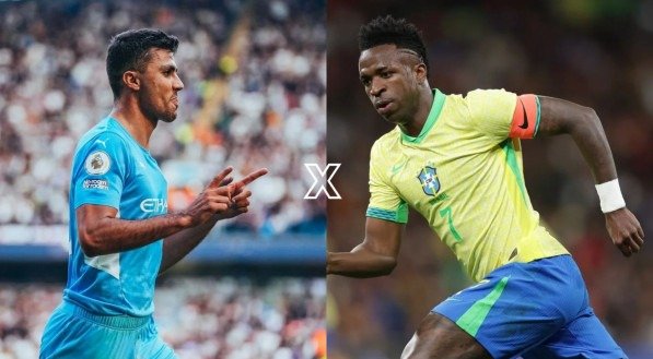 Imagem do confronto da Bola de Ouro: Rodri x Vini Jr.