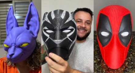 Imagem de máscaras feitas pelo artista que usa impressão 3D para confeccionar artes do mundo geek