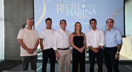 Imagem de Dadai, Henrique Figueira, Gustavo Alves, Tatiana Menezes, Paulo Menezes Filho e Romero Maranhão representantes do Complexo Porto Novo Recife, durante lançamento do Revéillon Volare
