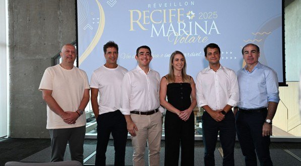 Imagem de Dadai, Henrique Figueira, Gustavo Alves, Tatiana Menezes, Paulo Menezes Filho e Romero Maranhão representantes do Complexo Porto Novo Recife, durante lançamento do Revéillon Volare
