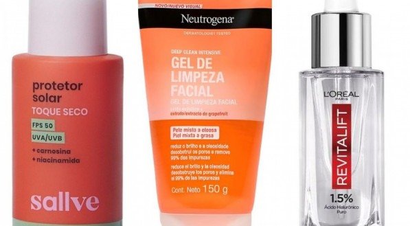 Embalagens dos produtos de skin care das marcas Sallve, Neutrogena e L'Oréal Paris.