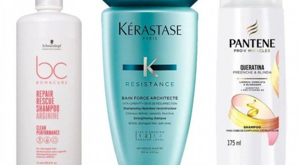 Embalagens dos shamposs anti-queda das marcas Schwarzkopf Professional, Kérastase e Pantene.