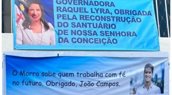 Faixas de apoio a Raquel Lyra e João Campos estão espalhadas pelo Morro da Conceição durante a festa