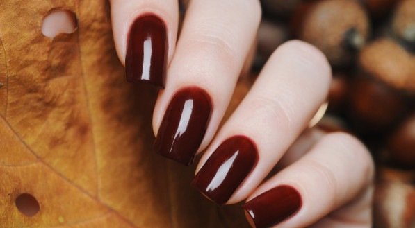 Imagem ilustrativa de uma mão feminina com unhas pintadas de vermelho vinho, sob uma folha marrom