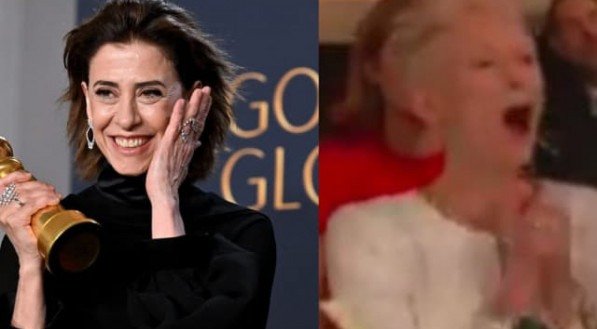 Imagem da Fernanda Torres segurando seu prêmio./ Imagem da reação da atriz Tilda Swinton com o anúncio da vitória de Fernanda Torres no Globo de Ouro