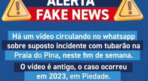 Imagem divulgada pela Semas-PE com alerta sobre fake news relacionado a um incidente com tubarão
