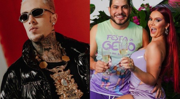 Imagem de uma montagem com Mc Daniel e o casal fundador da "Festa no Gelo", Yugnir e Mirela.