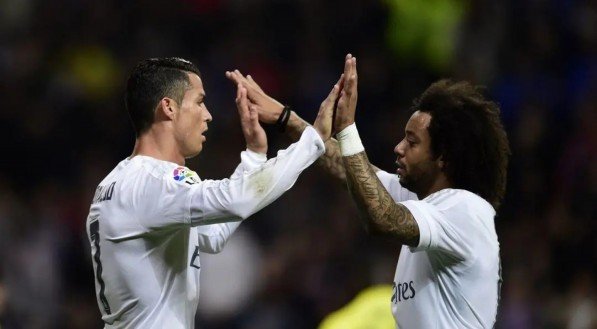 Marcelo e Cristiano Ronaldo comemoram gol do Real Madrid