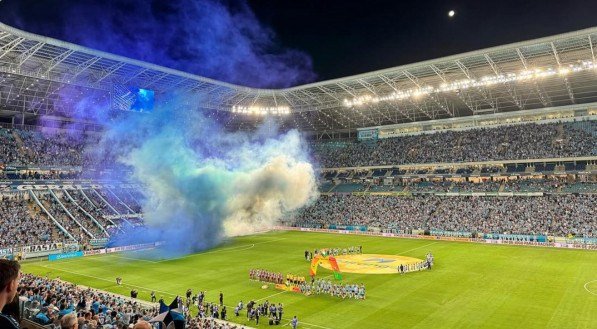 Festa da torcida Arena do Grêmio na entrada dos times