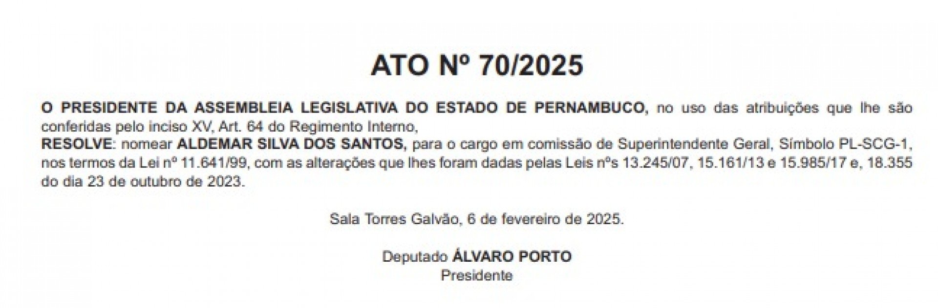 Reprodução / Diário Oficial Alepe