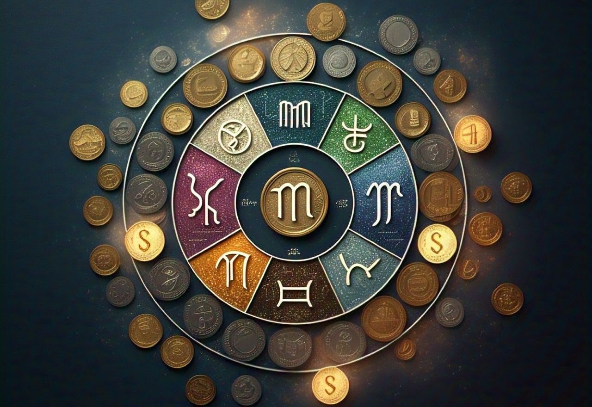 Imagem ilustrativa de círculo do horóscopo com moedas Imagem gerada com IA