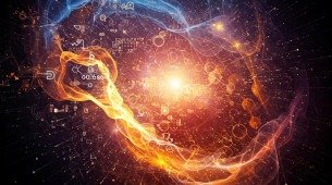 A composição abstrata vibrante apresenta formas e linhas interligadas e giratórias, representando a interconectividade da educação, da ciência e da tecnologia