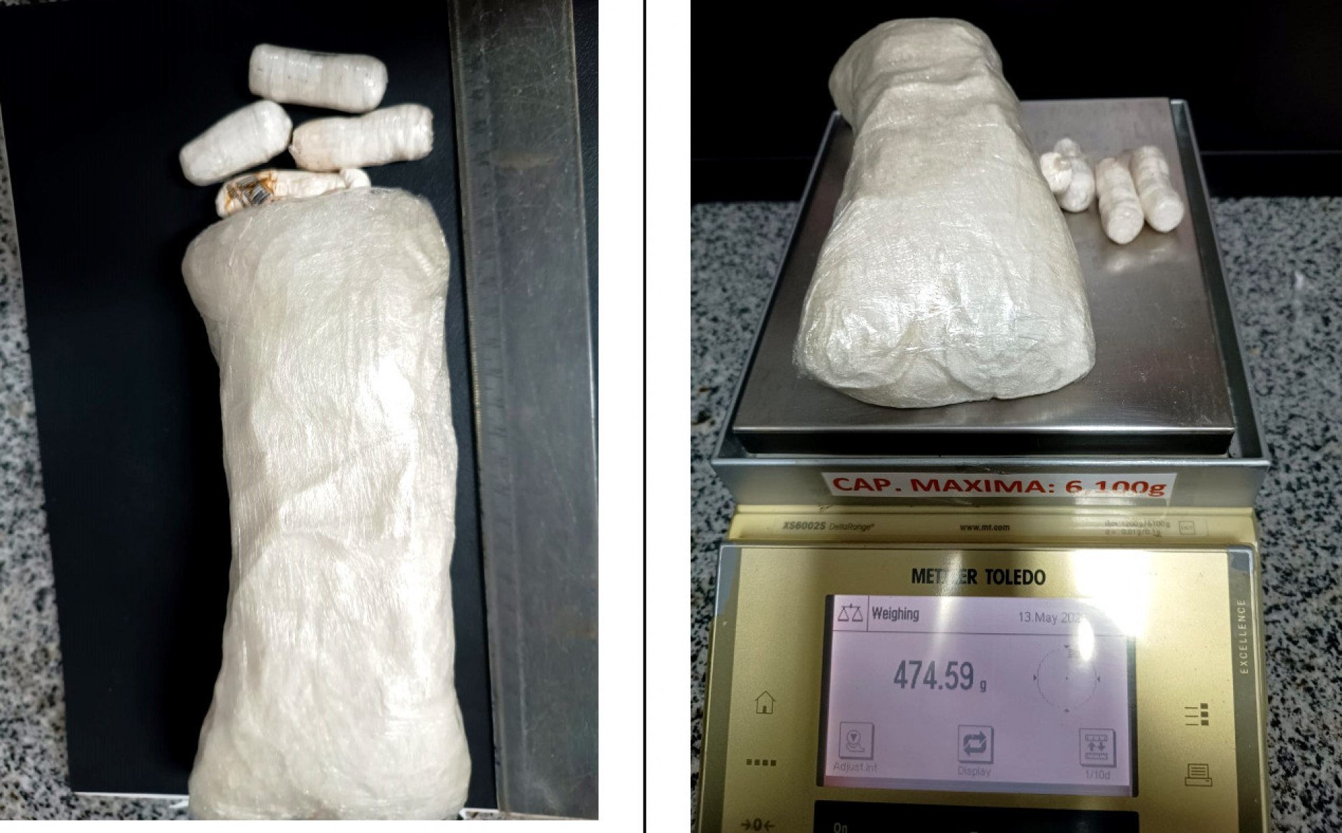 Imagem da apreensão de 475g (quatrocentos e setenta e cinco) gramas de cocaína em forma pastosa