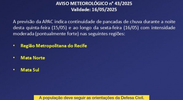 APAC alerta para novas chuvas no Grande Recife e Zona da Mata nesta sexta (16)
