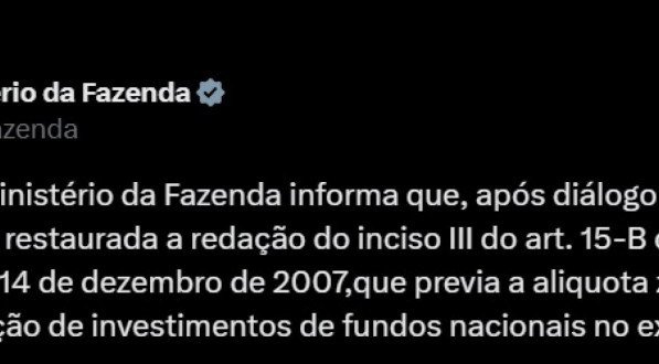 Em nota, Ministério da Fazenda anuncia recuo na tributação com IOF