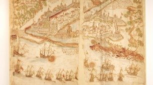 "Demonstração da Cidade de Santo Antônio de Pernambuco e vila do Arrecife no Brasil", de João Teixeira Albernaz II, feito entre 1653 e 1654 - Acervo da Coleção Flávia e Frank Abubakir, Instituto Flávia Abubakir. Salvador, Bahia, Brasil.