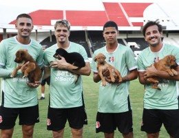 Jogadores do Santa Cruz seguram filhotes de cachorro