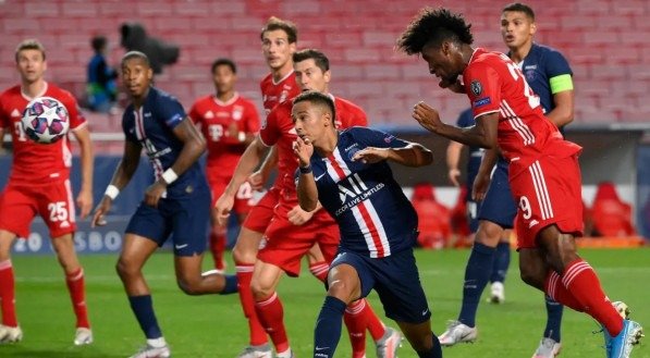 Kingsley Coman cabeceia para o gol do título europeu do Bayern contra o PSG