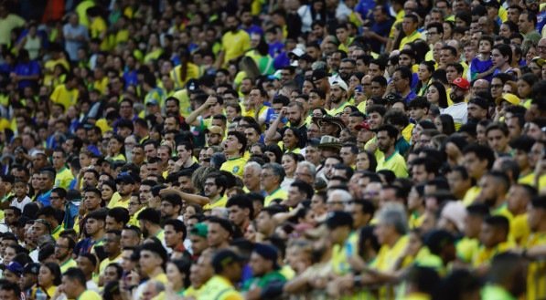 Torcedores assistindo jogo da Seleção Brasileira no estádio