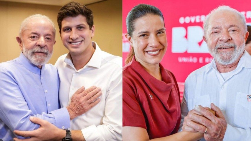 Lula (PT) ao lado de João Campos (PSB) e Raquel Lyra (PSD)