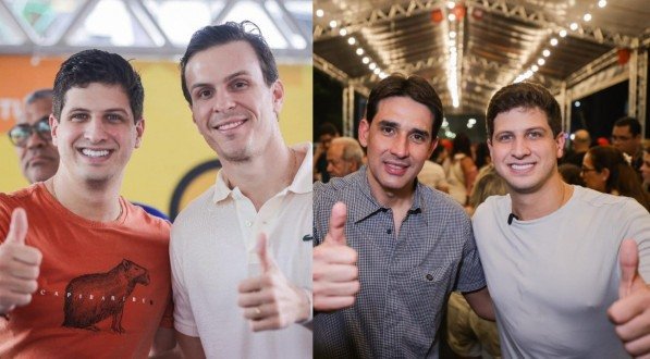 Imagem de João Campos com Miguel Coelho à esquerda e com Silvio Costa Filho à direita
