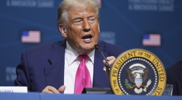 O presidente dos Estados Unidos, Donald Trump, em evento na Carnegie Mellon University, em Pittsburgh, na Pensilvânia