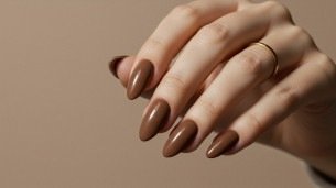 Imagem de unhas pintadas com esmalte marrom. 