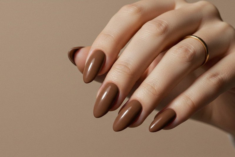 Imagem de unhas pintadas com esmalte marrom.