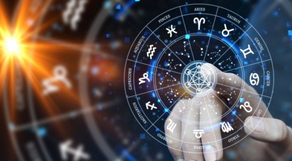 Signos astrológicos do zodíaco dentro do círculo do horóscopo. Astrologia, conhecimento das estrelas no céu, sobre a Via Láctea e a Lua. O conceito de poder do universo. Ilustração 3D