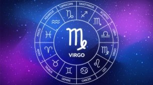 Virgo zodiac sign. Abstract night sky background. Virgo icon on blue space background. Zodiac circle on a dark blue background of the space. astrological forecast