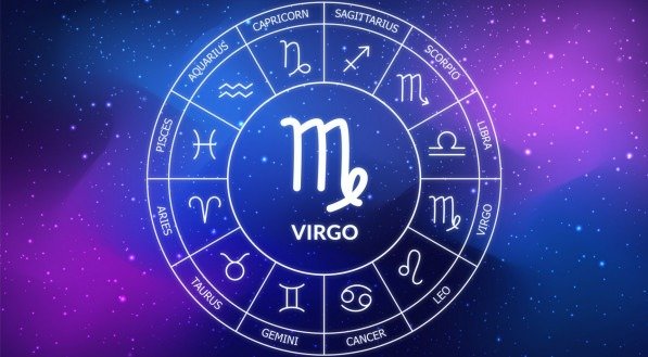 Virgo zodiac sign. Abstract night sky background. Virgo icon on blue space background. Zodiac circle on a dark blue background of the space. astrological forecast