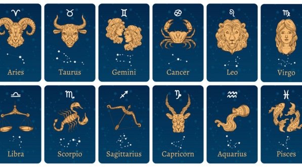 Constelações e signos do zodíaco. Cartões de horóscopo com estrelas de constelações, símbolos decorativos de esboços do zodíaco. Mapa astronômico do zodíaco, pôsteres de estrelas do zodíaco. Conjunto de ícones de ilustrações vetoriais isoladas.