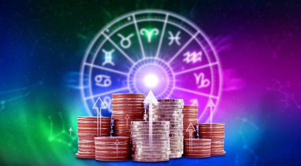 Horoscope with zodiac signs and money coins like astrology and money and astrology and wealth concept, Financial horoscope concept.