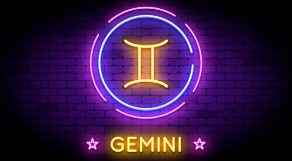 O símbolo do Zodíaco dos Gemini no estilo de néon em uma parede.