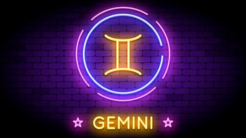 O símbolo do Zodíaco dos Gemini no estilo de néon em uma parede.