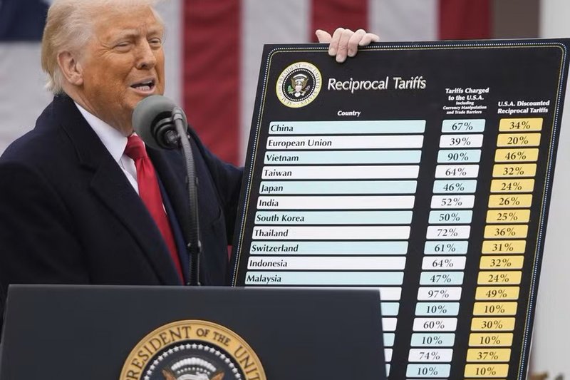 Donald Trump apresenta a tabela de taxação no dia 3 de abril de 2025.