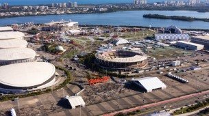 Imagem da vista aérea do festival de música Rock in Rio 2022 no Parque Olímpico da Barra da Tijuca, no Rio de Janeiro.