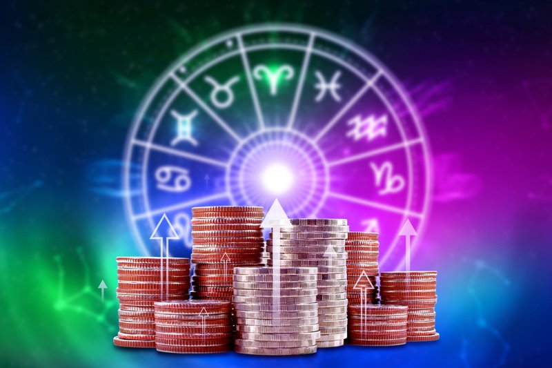 Horóscopo com signos do zodíaco e moedas de dinheiro, como astrologia, dinheiro, astrologia e conceito de riqueza, conceito de horóscopo financeiro.