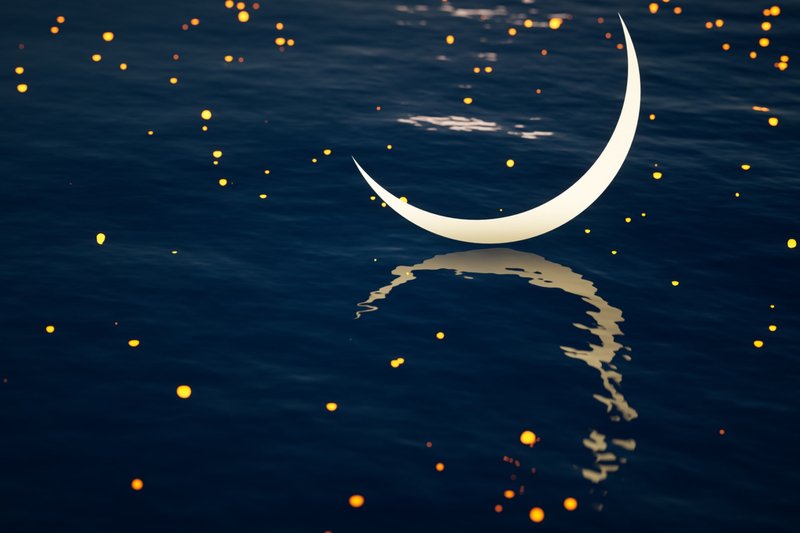 Imagem de um lago ripado com partículas brilhantes com Lua Nova