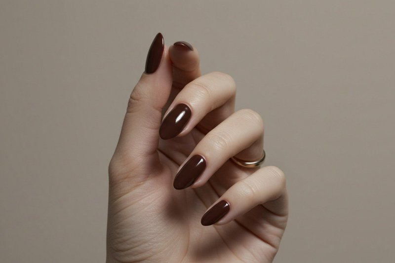Imagem de unhas com esmalte marrom escuro.