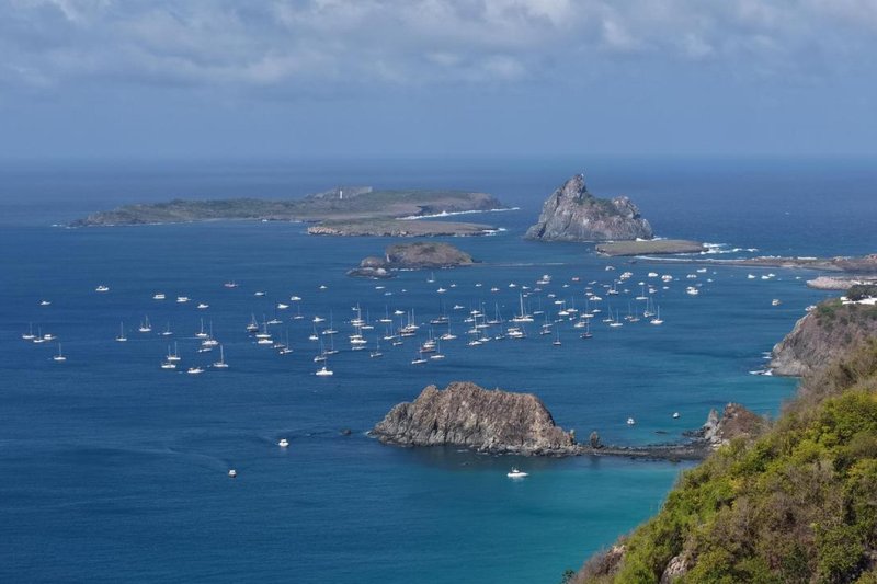 Imagem aérea do porto de Fernando de Noronha com os barcos que participaram da Refeno 2025