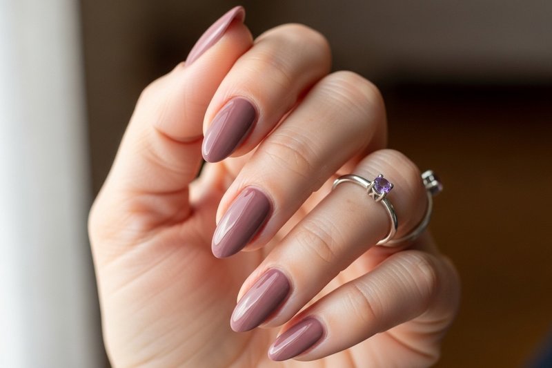 Imagem de uma mão madura mostrando as unhas pintadas em um tom de mauve